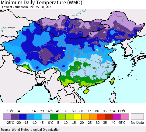 China, Mongolia and Taiwan Minimum Daily Temperature (WMO) Thematic Map For 12/25/2023 - 12/31/2023