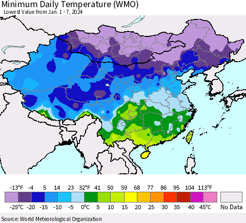 China, Mongolia and Taiwan Minimum Daily Temperature (WMO) Thematic Map For 1/1/2024 - 1/7/2024