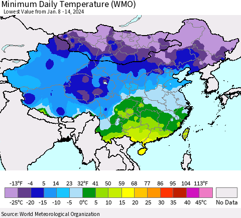 China, Mongolia and Taiwan Minimum Daily Temperature (WMO) Thematic Map For 1/8/2024 - 1/14/2024