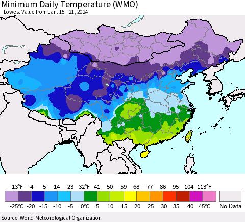 China, Mongolia and Taiwan Minimum Daily Temperature (WMO) Thematic Map For 1/15/2024 - 1/21/2024