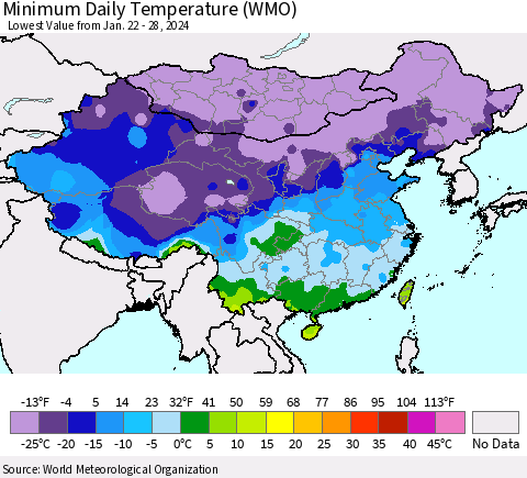 China, Mongolia and Taiwan Minimum Daily Temperature (WMO) Thematic Map For 1/22/2024 - 1/28/2024