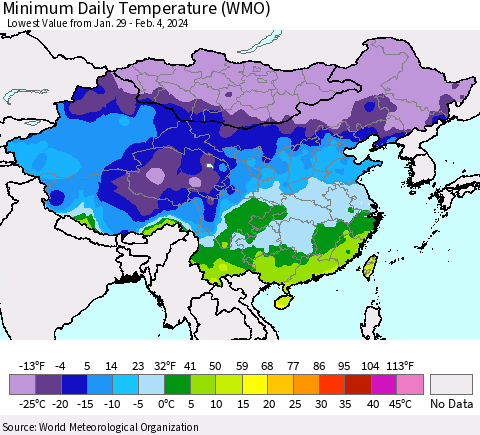 China, Mongolia and Taiwan Minimum Daily Temperature (WMO) Thematic Map For 1/29/2024 - 2/4/2024