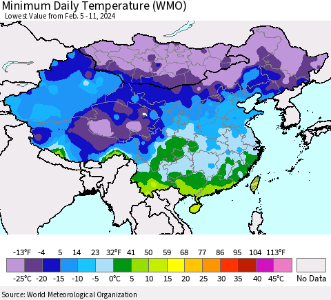 China, Mongolia and Taiwan Minimum Daily Temperature (WMO) Thematic Map For 2/5/2024 - 2/11/2024