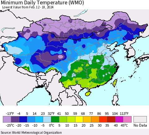 China, Mongolia and Taiwan Minimum Daily Temperature (WMO) Thematic Map For 2/12/2024 - 2/18/2024