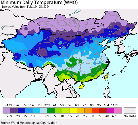 China, Mongolia and Taiwan Minimum Daily Temperature (WMO) Thematic Map For 2/19/2024 - 2/25/2024