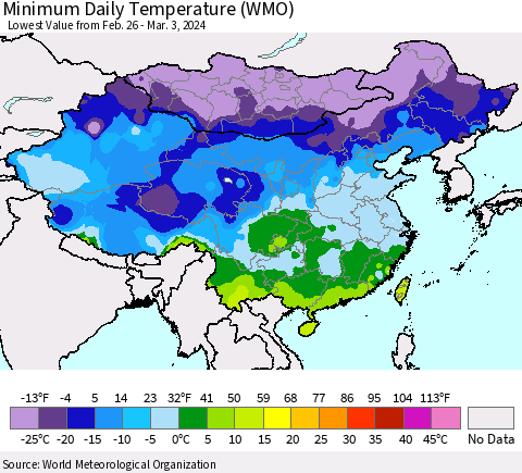 China, Mongolia and Taiwan Minimum Daily Temperature (WMO) Thematic Map For 2/26/2024 - 3/3/2024