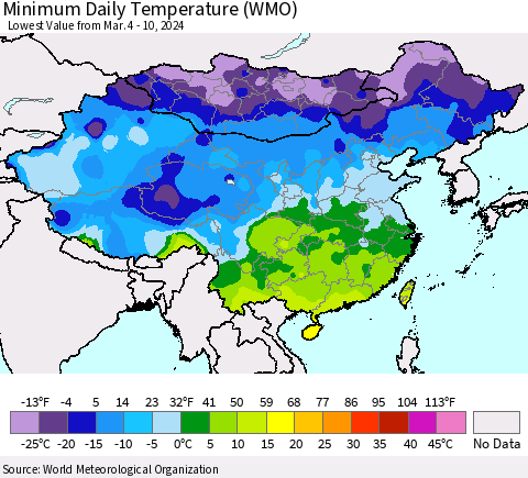 China, Mongolia and Taiwan Minimum Daily Temperature (WMO) Thematic Map For 3/4/2024 - 3/10/2024