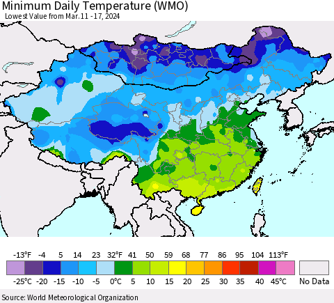 China, Mongolia and Taiwan Minimum Daily Temperature (WMO) Thematic Map For 3/11/2024 - 3/17/2024