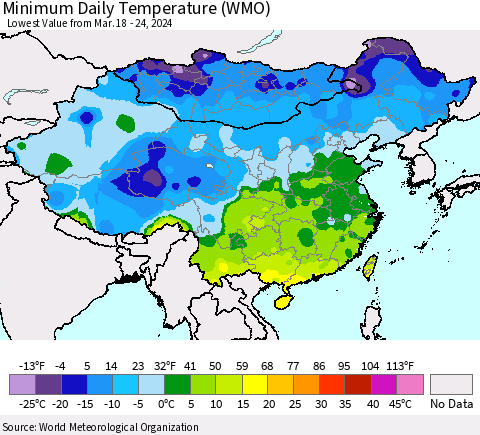 China, Mongolia and Taiwan Minimum Daily Temperature (WMO) Thematic Map For 3/18/2024 - 3/24/2024