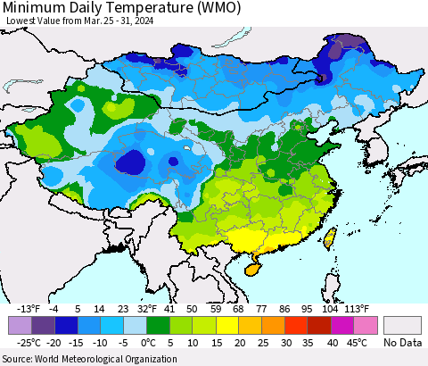 China, Mongolia and Taiwan Minimum Daily Temperature (WMO) Thematic Map For 3/25/2024 - 3/31/2024