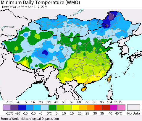China, Mongolia and Taiwan Minimum Daily Temperature (WMO) Thematic Map For 4/1/2024 - 4/7/2024