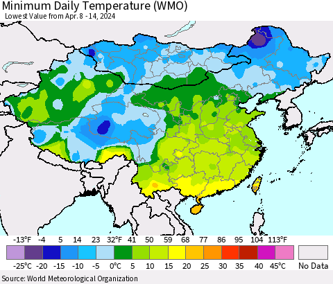 China, Mongolia and Taiwan Minimum Daily Temperature (WMO) Thematic Map For 4/8/2024 - 4/14/2024