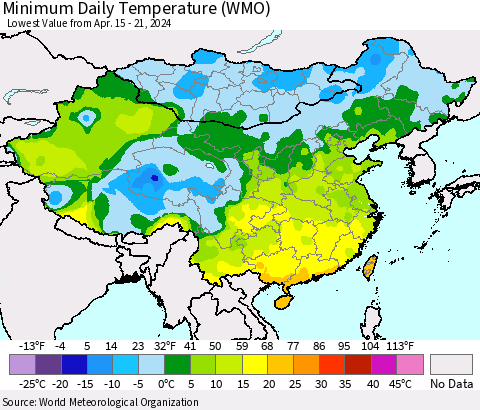 China, Mongolia and Taiwan Minimum Daily Temperature (WMO) Thematic Map For 4/15/2024 - 4/21/2024