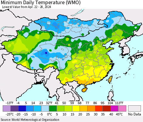 China, Mongolia and Taiwan Minimum Daily Temperature (WMO) Thematic Map For 4/22/2024 - 4/28/2024
