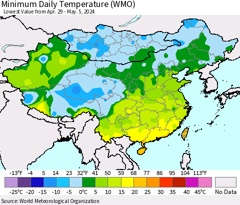 China, Mongolia and Taiwan Minimum Daily Temperature (WMO) Thematic Map For 4/29/2024 - 5/5/2024