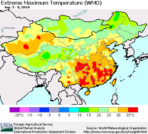 China and Taiwan Maximum Daily Temperature (WMO) Thematic Map For 9/3/2018 - 9/9/2018