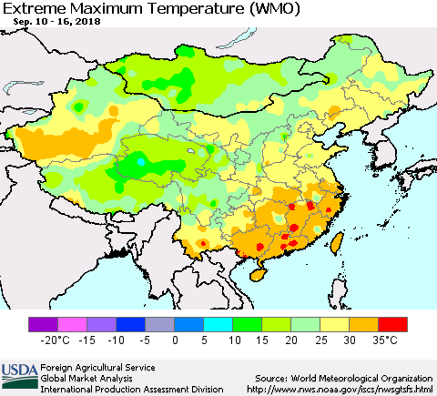 China and Taiwan Maximum Daily Temperature (WMO) Thematic Map For 9/10/2018 - 9/16/2018