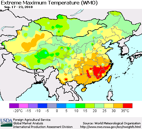 China, Mongolia and Taiwan Maximum Daily Temperature (WMO) Thematic Map For 9/17/2018 - 9/23/2018