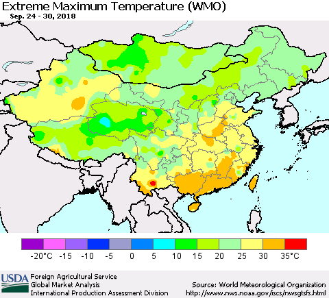 China, Mongolia and Taiwan Maximum Daily Temperature (WMO) Thematic Map For 9/24/2018 - 9/30/2018