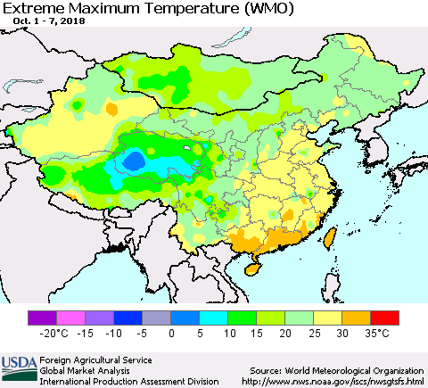 China and Taiwan Maximum Daily Temperature (WMO) Thematic Map For 10/1/2018 - 10/7/2018