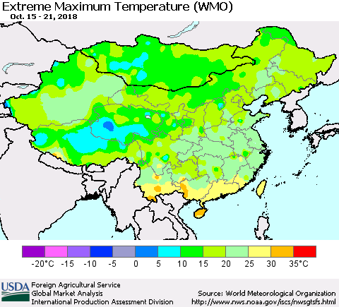 China and Taiwan Maximum Daily Temperature (WMO) Thematic Map For 10/15/2018 - 10/21/2018