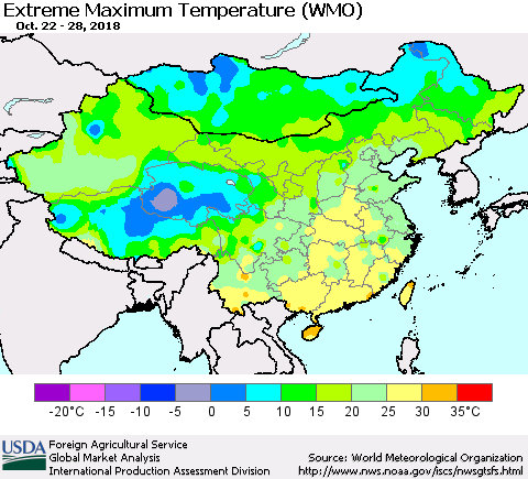 China, Mongolia and Taiwan Maximum Daily Temperature (WMO) Thematic Map For 10/22/2018 - 10/28/2018