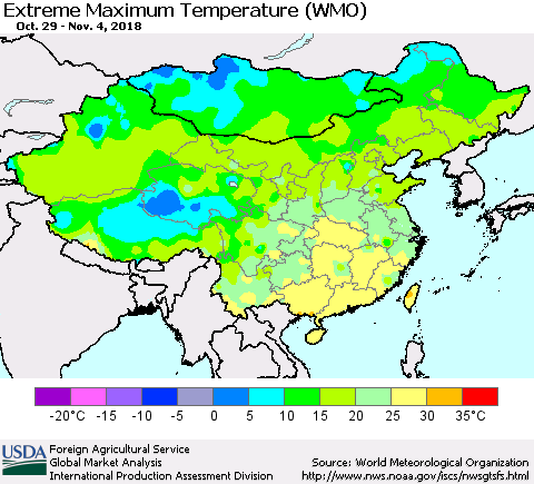 China and Taiwan Maximum Daily Temperature (WMO) Thematic Map For 10/29/2018 - 11/4/2018