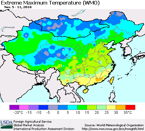 China and Taiwan Maximum Daily Temperature (WMO) Thematic Map For 11/5/2018 - 11/11/2018