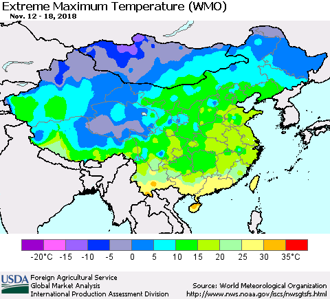 China, Mongolia and Taiwan Maximum Daily Temperature (WMO) Thematic Map For 11/12/2018 - 11/18/2018
