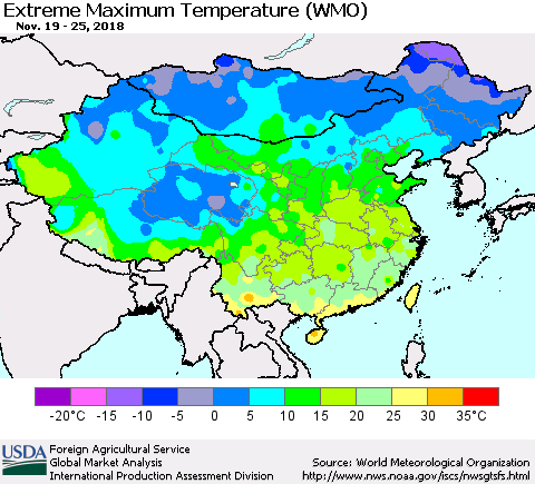 China and Taiwan Maximum Daily Temperature (WMO) Thematic Map For 11/19/2018 - 11/25/2018