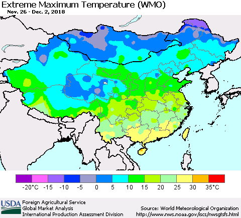 China and Taiwan Maximum Daily Temperature (WMO) Thematic Map For 11/26/2018 - 12/2/2018