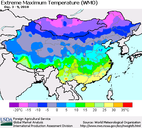 China and Taiwan Maximum Daily Temperature (WMO) Thematic Map For 12/3/2018 - 12/9/2018