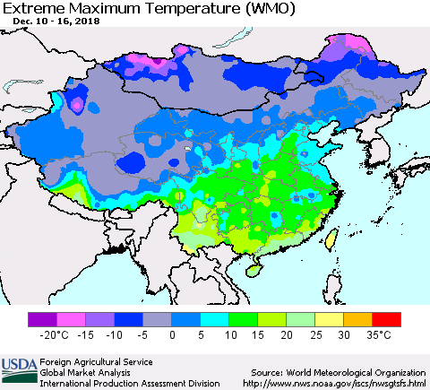 China, Mongolia and Taiwan Maximum Daily Temperature (WMO) Thematic Map For 12/10/2018 - 12/16/2018