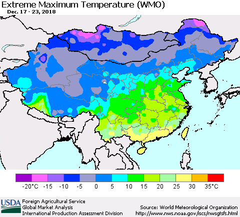 China and Taiwan Maximum Daily Temperature (WMO) Thematic Map For 12/17/2018 - 12/23/2018