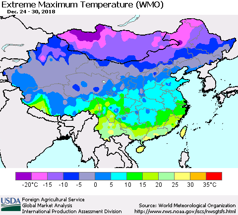 China, Mongolia and Taiwan Maximum Daily Temperature (WMO) Thematic Map For 12/24/2018 - 12/30/2018