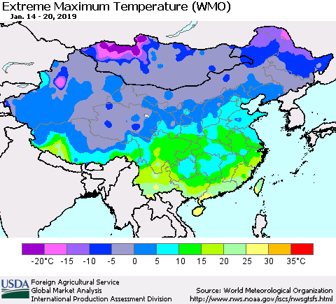 China and Taiwan Maximum Daily Temperature (WMO) Thematic Map For 1/14/2019 - 1/20/2019