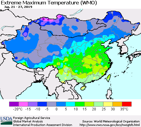 China and Taiwan Maximum Daily Temperature (WMO) Thematic Map For 1/21/2019 - 1/27/2019