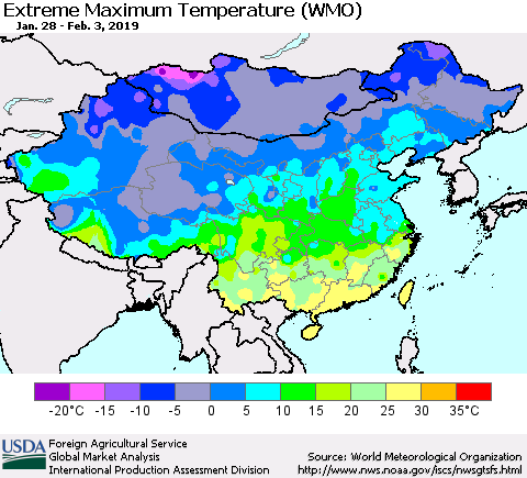 China and Taiwan Maximum Daily Temperature (WMO) Thematic Map For 1/28/2019 - 2/3/2019