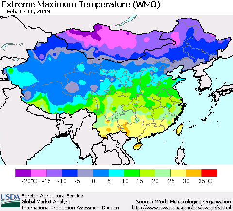 China and Taiwan Maximum Daily Temperature (WMO) Thematic Map For 2/4/2019 - 2/10/2019