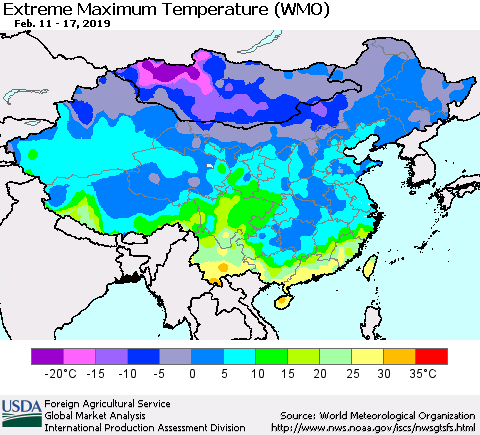 China and Taiwan Maximum Daily Temperature (WMO) Thematic Map For 2/11/2019 - 2/17/2019