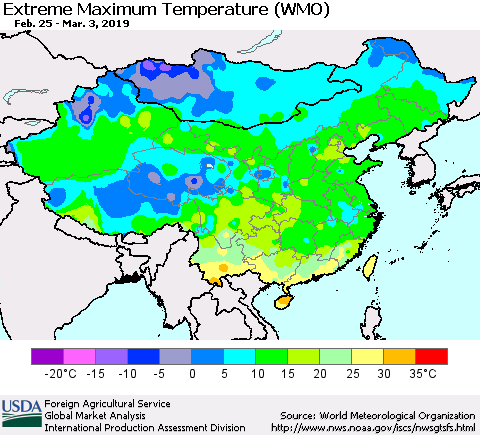 China and Taiwan Maximum Daily Temperature (WMO) Thematic Map For 2/25/2019 - 3/3/2019
