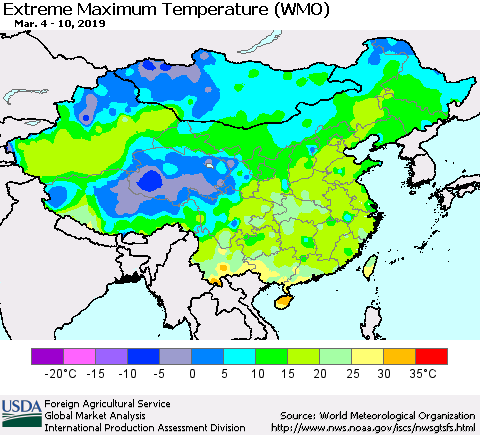 China and Taiwan Maximum Daily Temperature (WMO) Thematic Map For 3/4/2019 - 3/10/2019