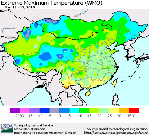 China and Taiwan Maximum Daily Temperature (WMO) Thematic Map For 3/11/2019 - 3/17/2019