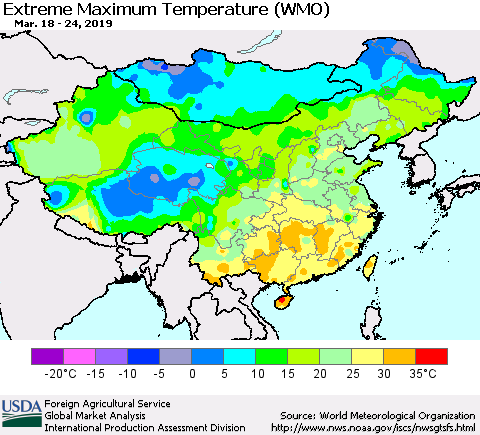 China and Taiwan Extreme Maximum Temperature (WMO) Thematic Map For 3/18/2019 - 3/24/2019