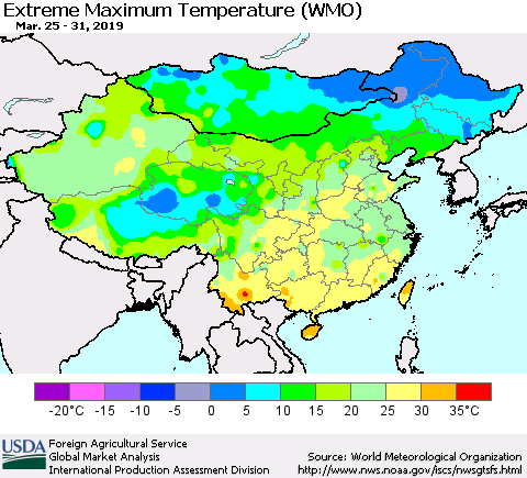 China, Mongolia and Taiwan Maximum Daily Temperature (WMO) Thematic Map For 3/25/2019 - 3/31/2019