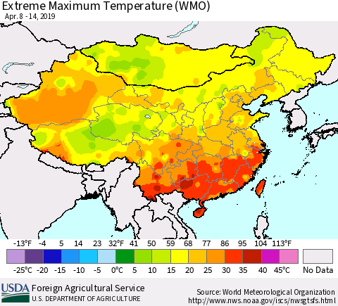 China and Taiwan Extreme Maximum Temperature (WMO) Thematic Map For 4/8/2019 - 4/14/2019