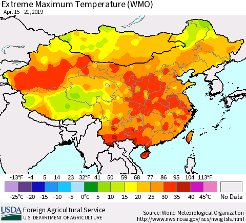China and Taiwan Maximum Daily Temperature (WMO) Thematic Map For 4/15/2019 - 4/21/2019