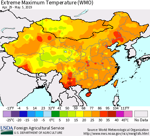 China and Taiwan Extreme Maximum Temperature (WMO) Thematic Map For 4/29/2019 - 5/5/2019