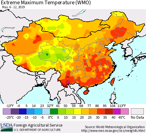 China and Taiwan Maximum Daily Temperature (WMO) Thematic Map For 5/6/2019 - 5/12/2019