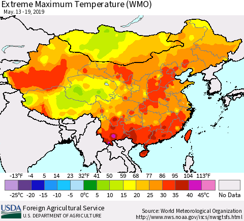 China, Mongolia and Taiwan Maximum Daily Temperature (WMO) Thematic Map For 5/13/2019 - 5/19/2019